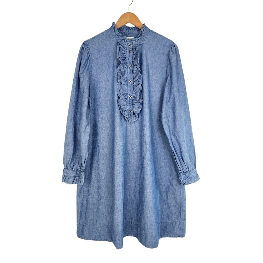 J.Crew Ruffle Dress Chambray Blue 100% Cotton Long Sleeve Size L - Picture 1 of 14